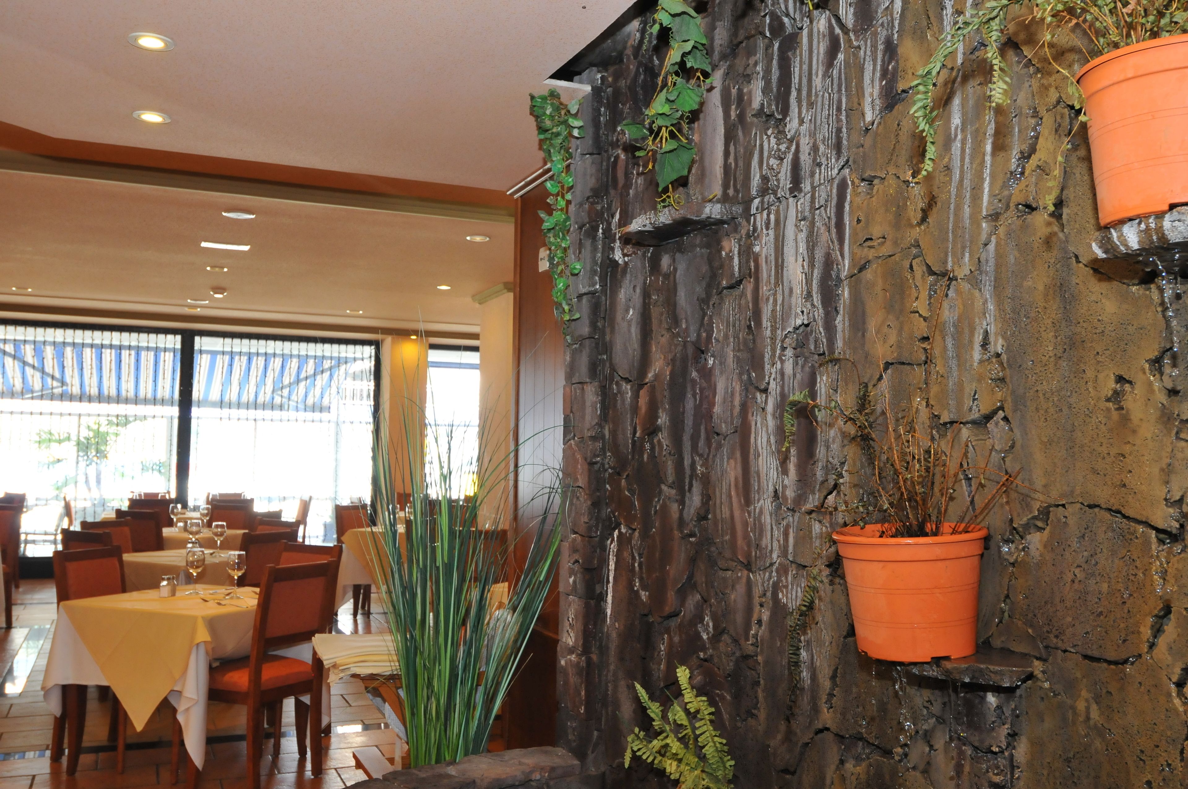 A restaurant with tables set for dining, a stone wall with potted plants, and a view through large windows.