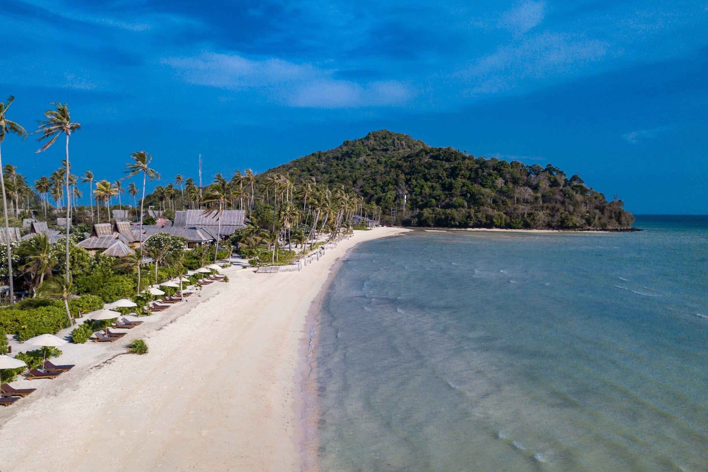 A beach with rows of sun loungers and umbrellas, a clear blue sky, and a hill with dense vegetation in the background.