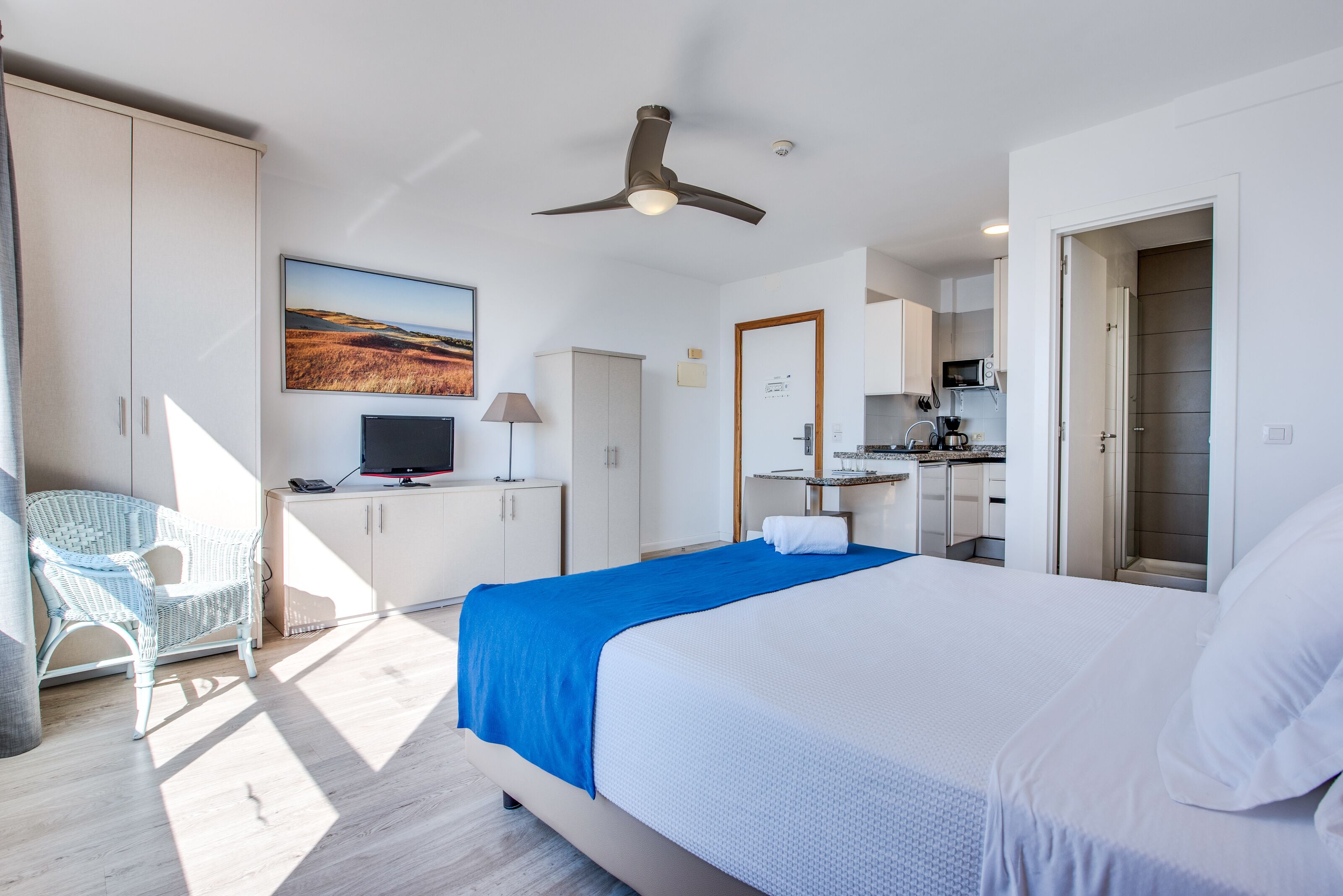 A hotel room with a bed, a desk, a chair, a television, and a kitchenette.