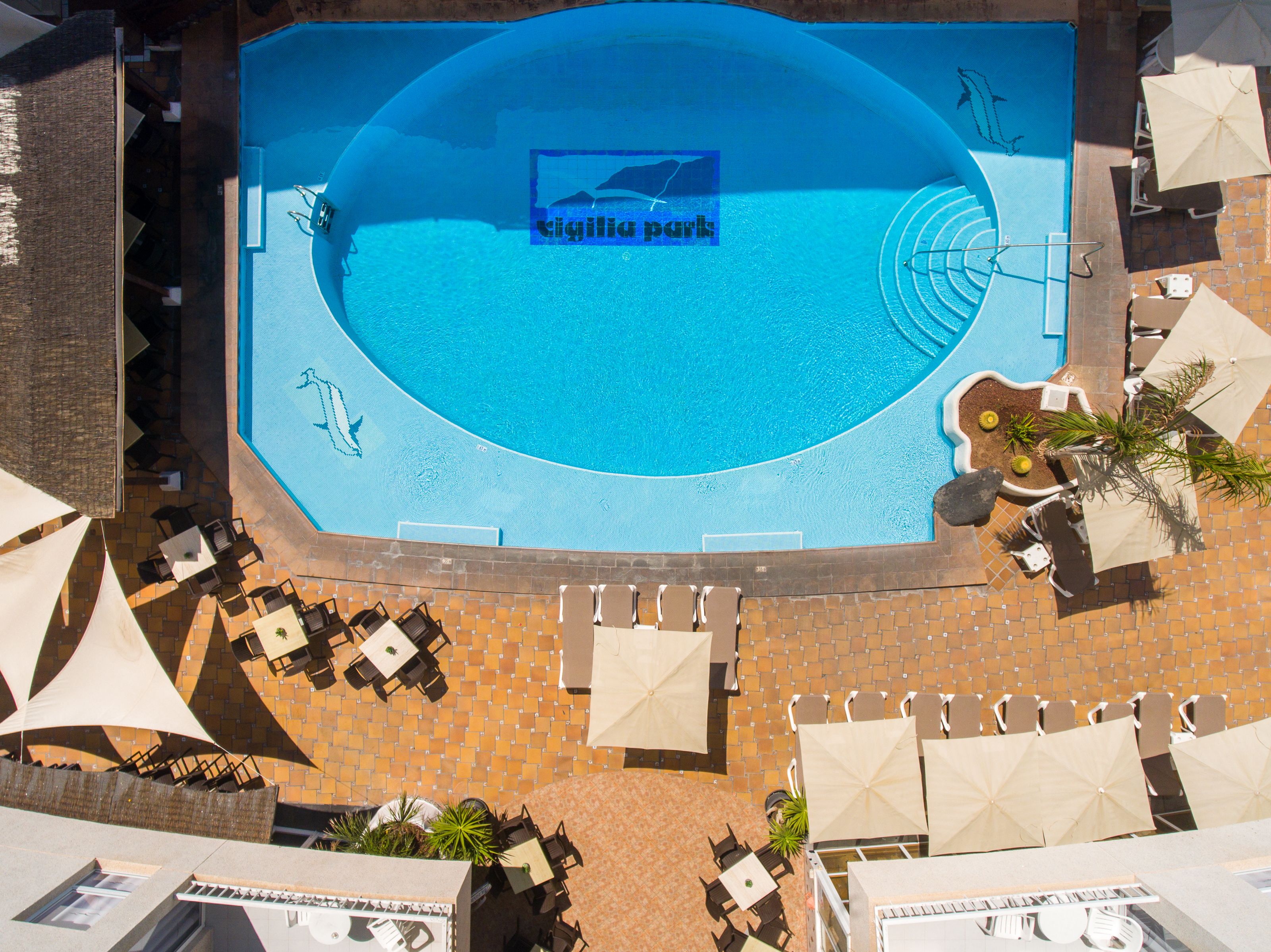Una piscina con el logo 'tigilipark', rodeada de sillones y sombrillas.