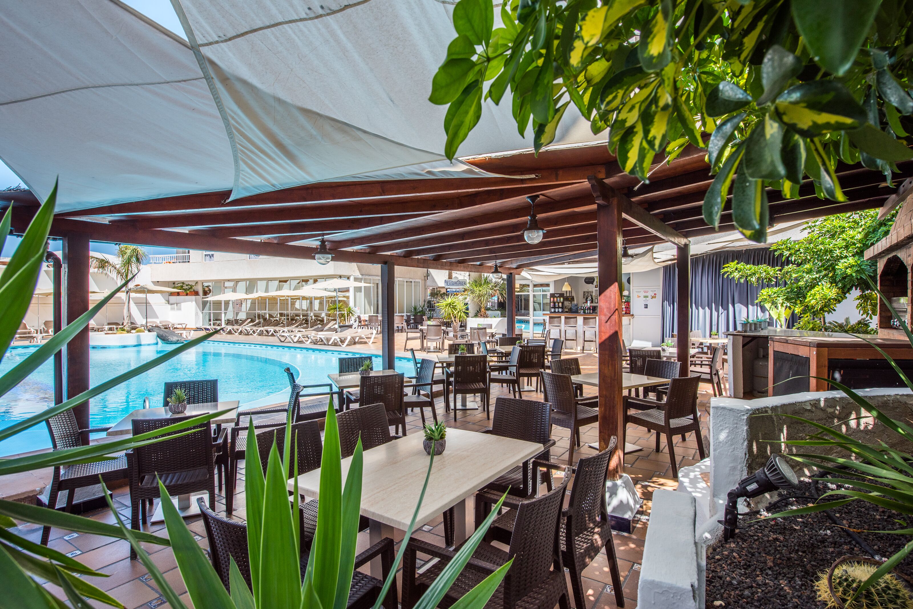 Ein Außenpoolbereich mit Liegestühlen und Tischen, umgeben von viel Grün und beschattet durch eine Pergola.