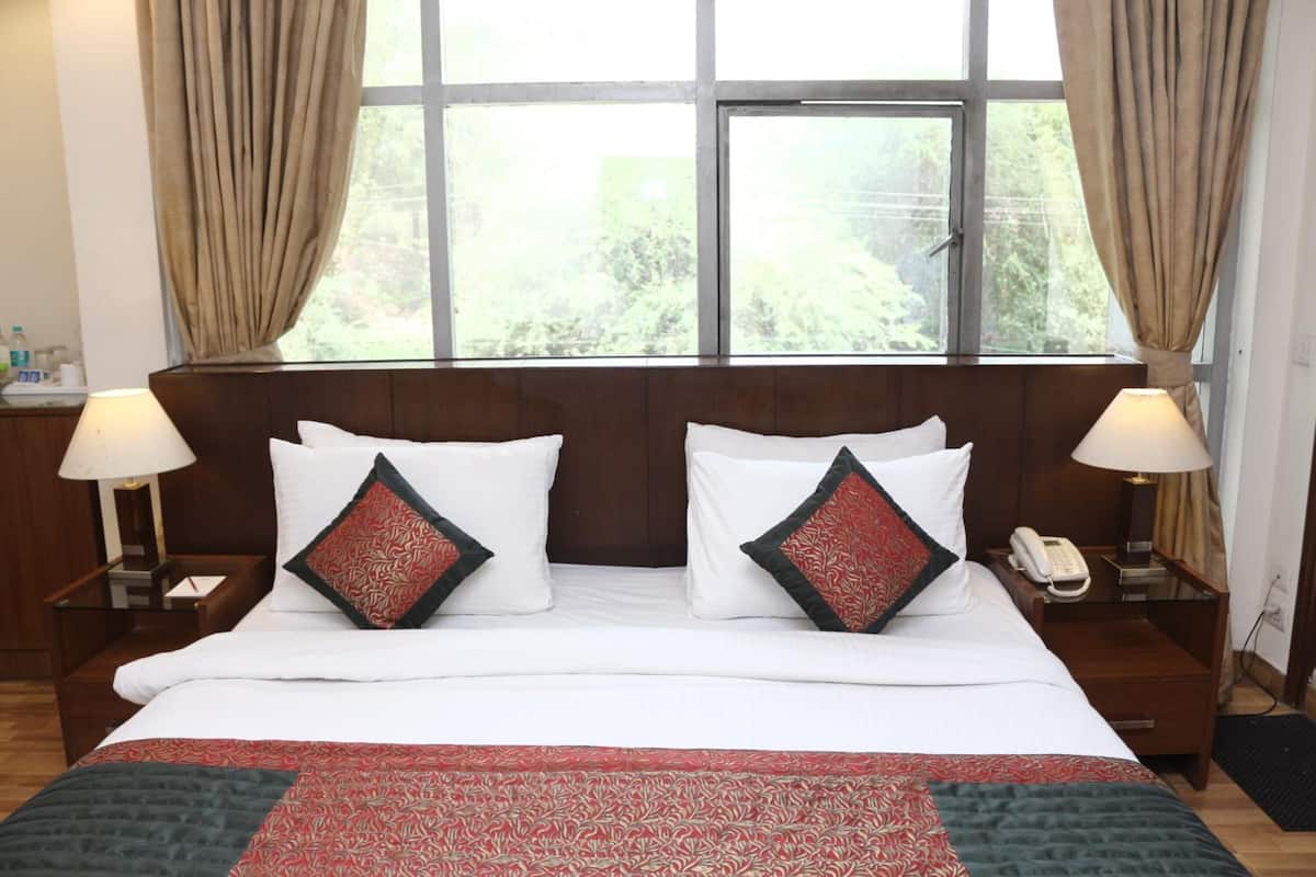 A hotel room with a large bed, two bedside tables with lamps, a telephone, and a view of greenery through the window.