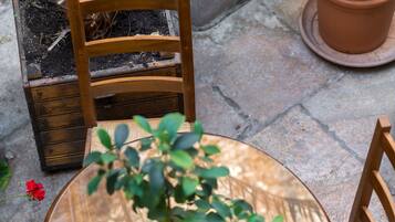 A round wooden table with a potted plant in the center, surrounded by four wooden chairs with woven seats.