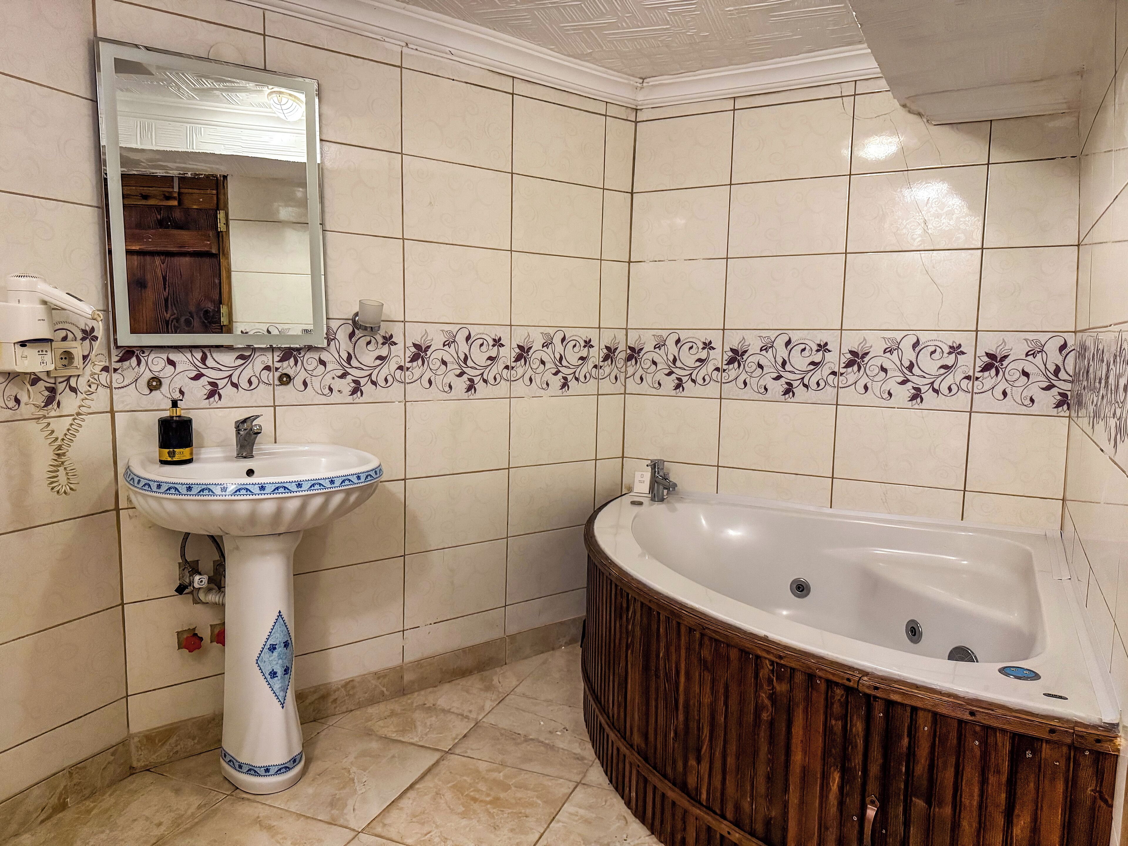family room | bathroom | shower, free toiletries, hair dryer, towels