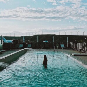 Outdoor pool, pool umbrellas, pool loungers