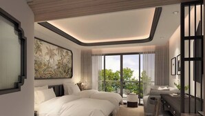 A modern bedroom with a large bed, a desk, and a view of the outdoors. - Peach Hill Resort (Karon)