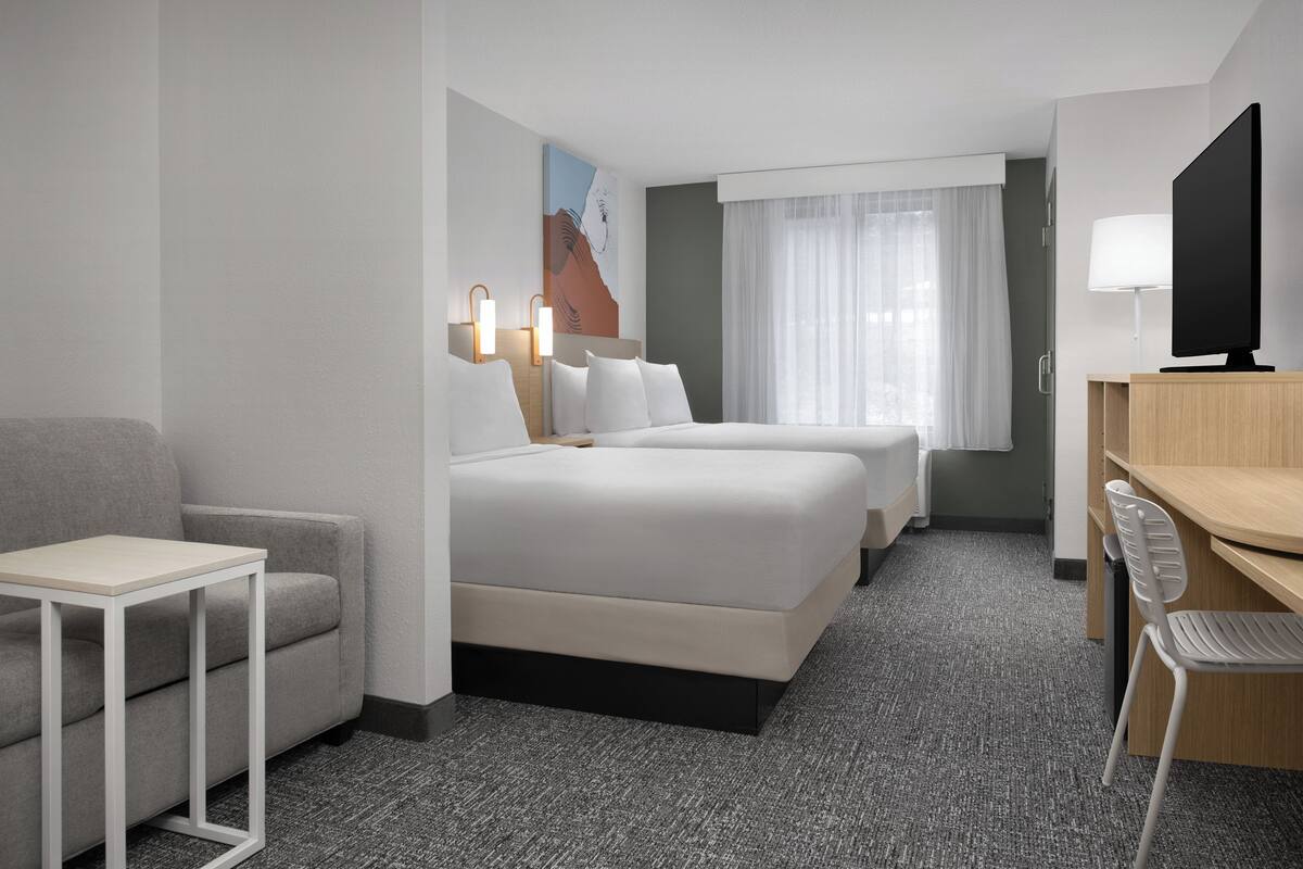 Habitación de hotel con dos camas, un escritorio, una silla, un televisor y un cuadro en la pared.