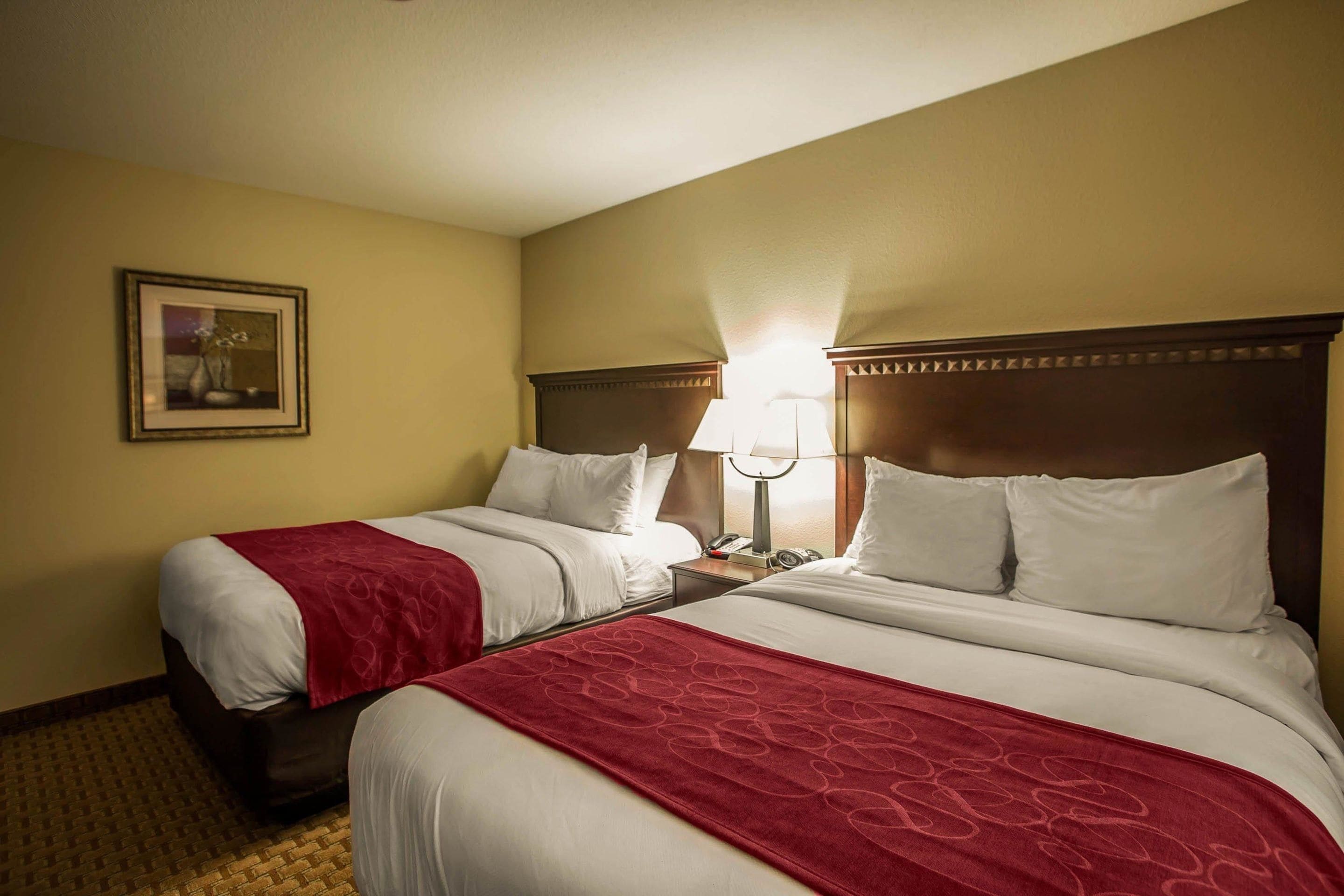 A hotel room with two beds, a nightstand with a lamp, a framed picture on the wall, and a carpeted floor.