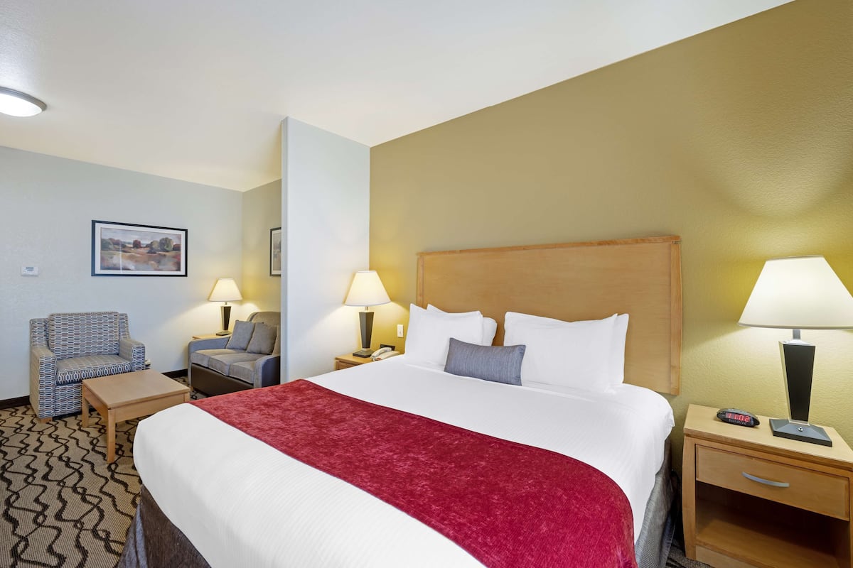 Quarto de hotel com uma cama grande, duas mesas de cabeceira com luminárias, uma cabeceira de madeira, um cobertor vermelho e uma poltrona estampada, além de uma pequena mesa.