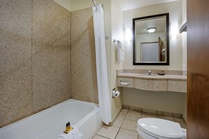 Un baño con bañera, inodoro, lavabo y espejo.