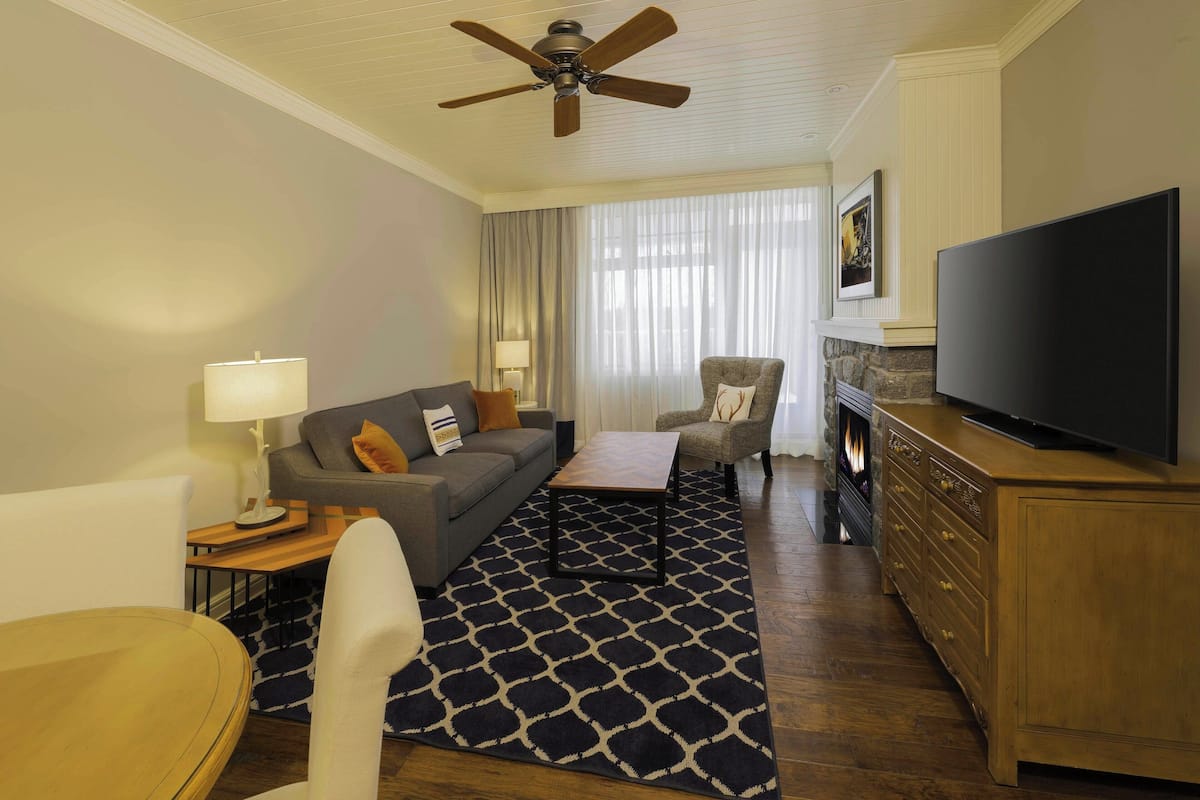 Habitación de hotel con sofá, sillón, televisión y chimenea.