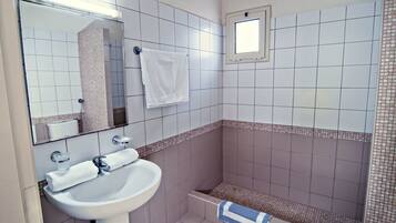 Une salle de bain équipée d’un lavabo, d’un miroir et d’un espace douche.