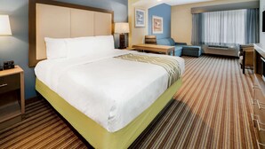 A hotel room with a large bed, a desk, a chair, and a television.