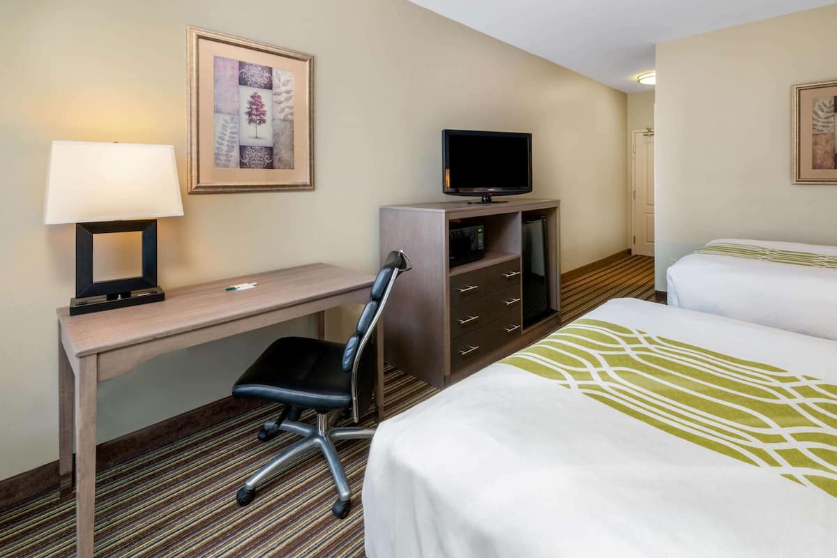 Une chambre d’hôtel équipée d’un bureau, d’une chaise, d’une télévision, d’un four à micro-ondes et de deux lits.