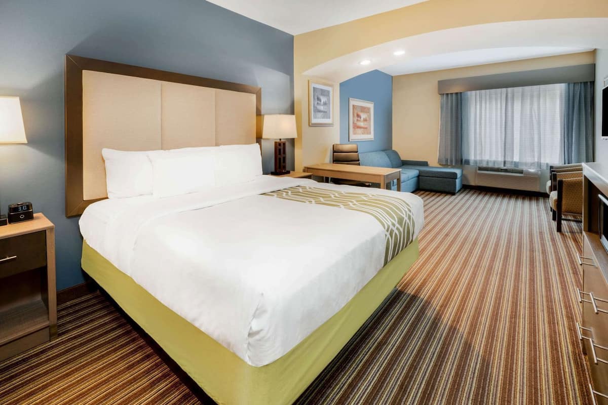 Une chambre d’hôtel avec un grand lit, un bureau, une chaise, un canapé et un téléviseur.
