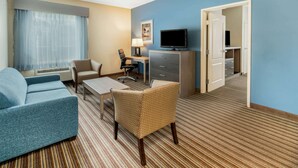 A hotel room with a sofa, armchair, desk, television, and a door leading to a closet.