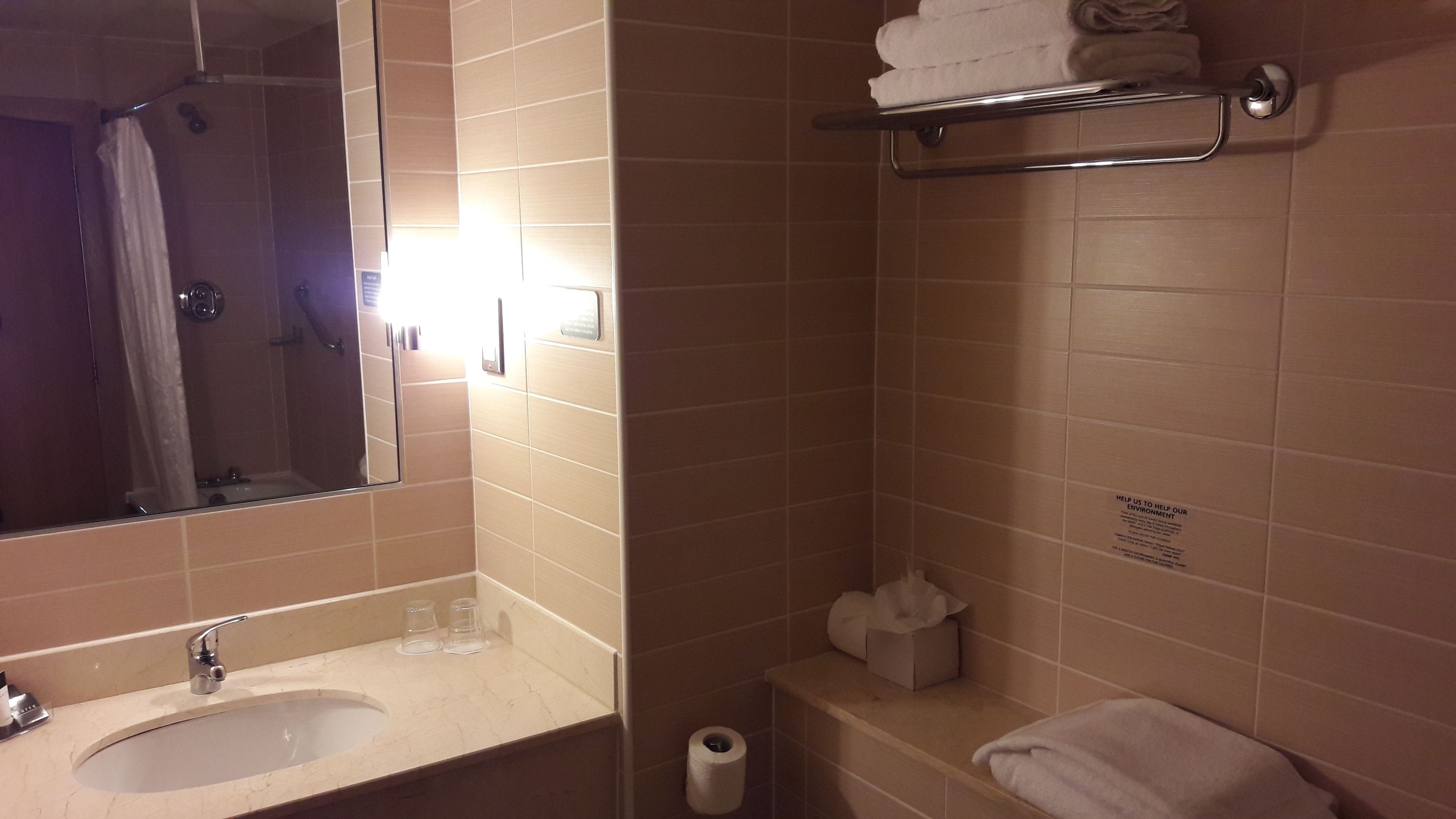 A bathroom with a sink, mirror, towel rack, and toilet paper.