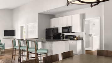 Full-size fridge, microwave, stovetop, dishwasher