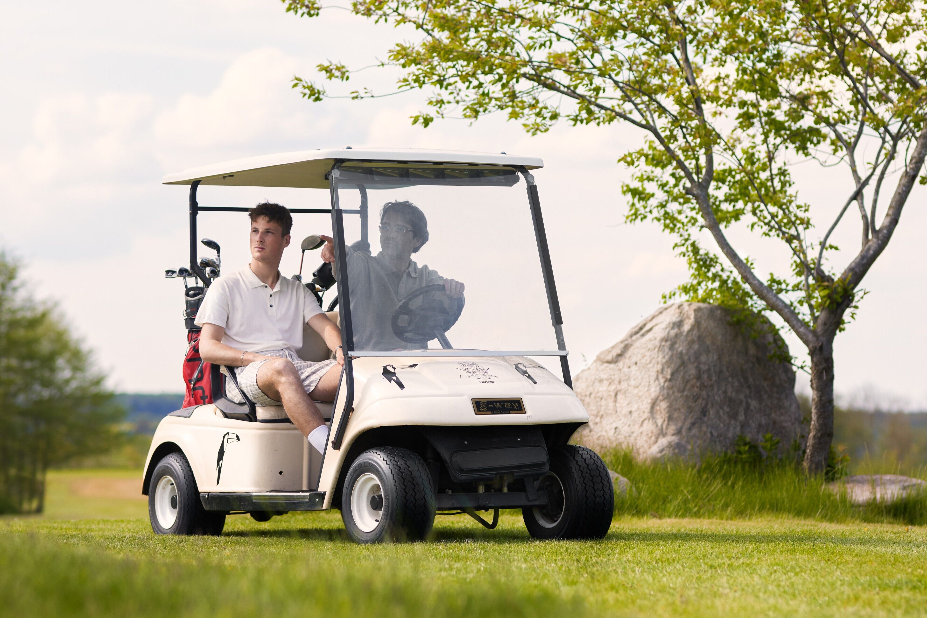 Un carrito de golf sobre un campo cubierto de césped, con una gran roca y un árbol al fondo.