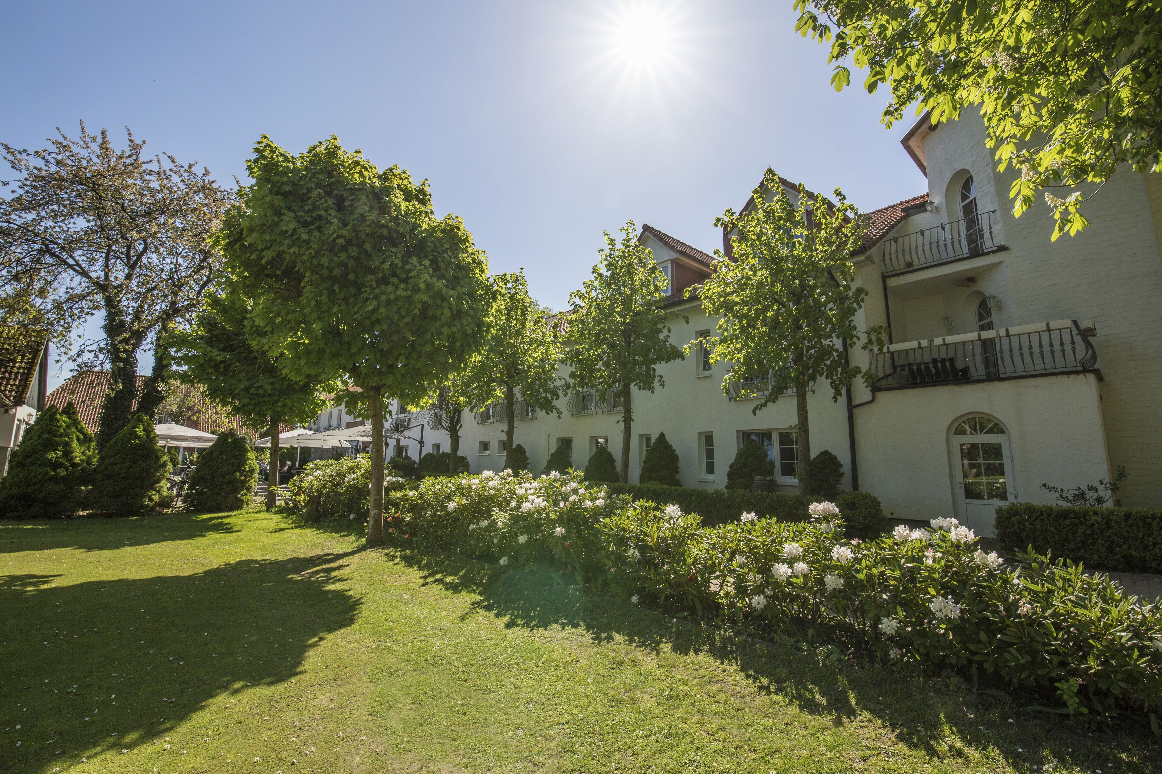 A building with a white facade, a balcony with a black railing, and a garden with white flowers.