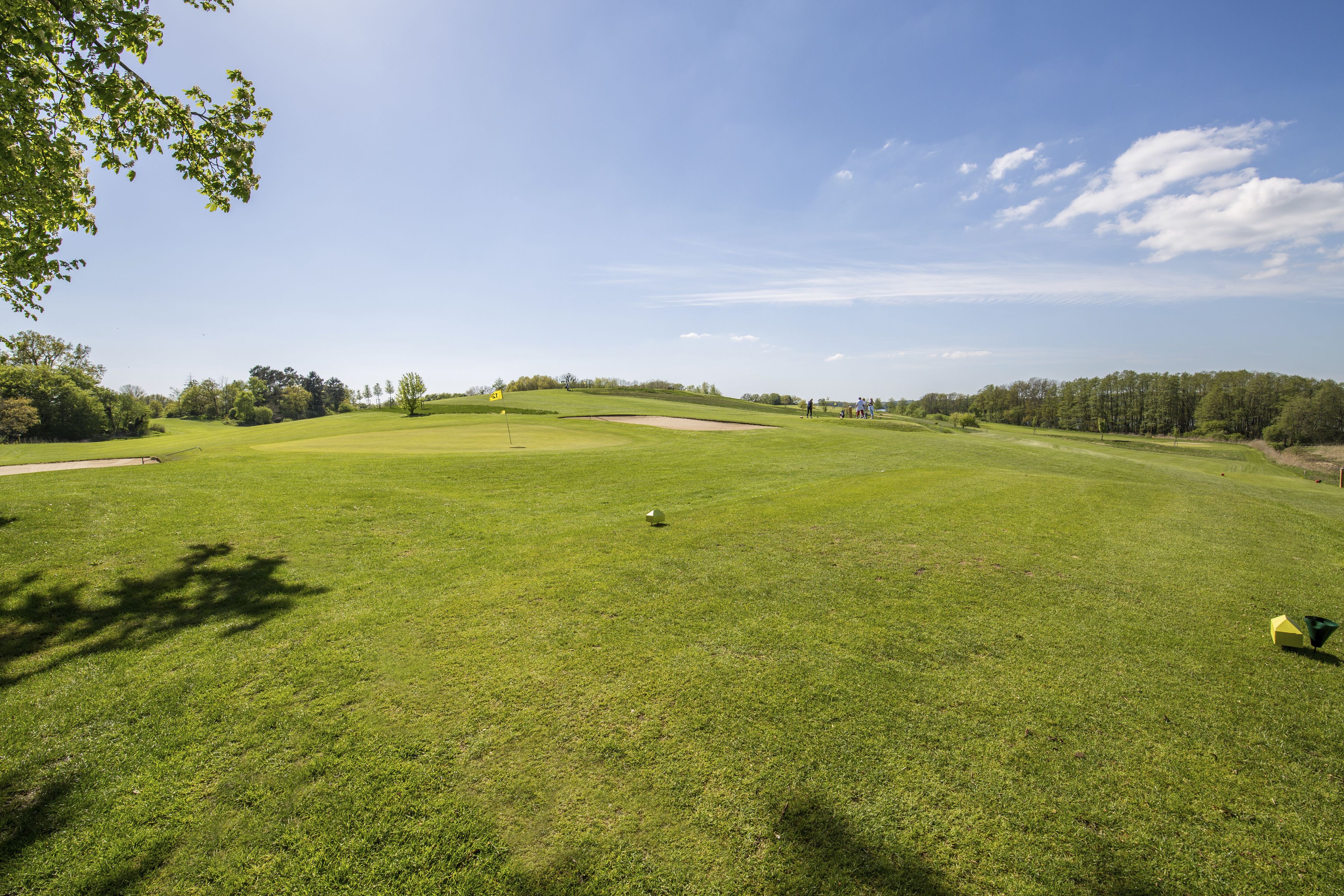 Ein Golfplatz mit einem gepflegten Grün, Sandbunkern und blauem Himmel.