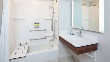 Hair dryer, towels, soap, shampoo