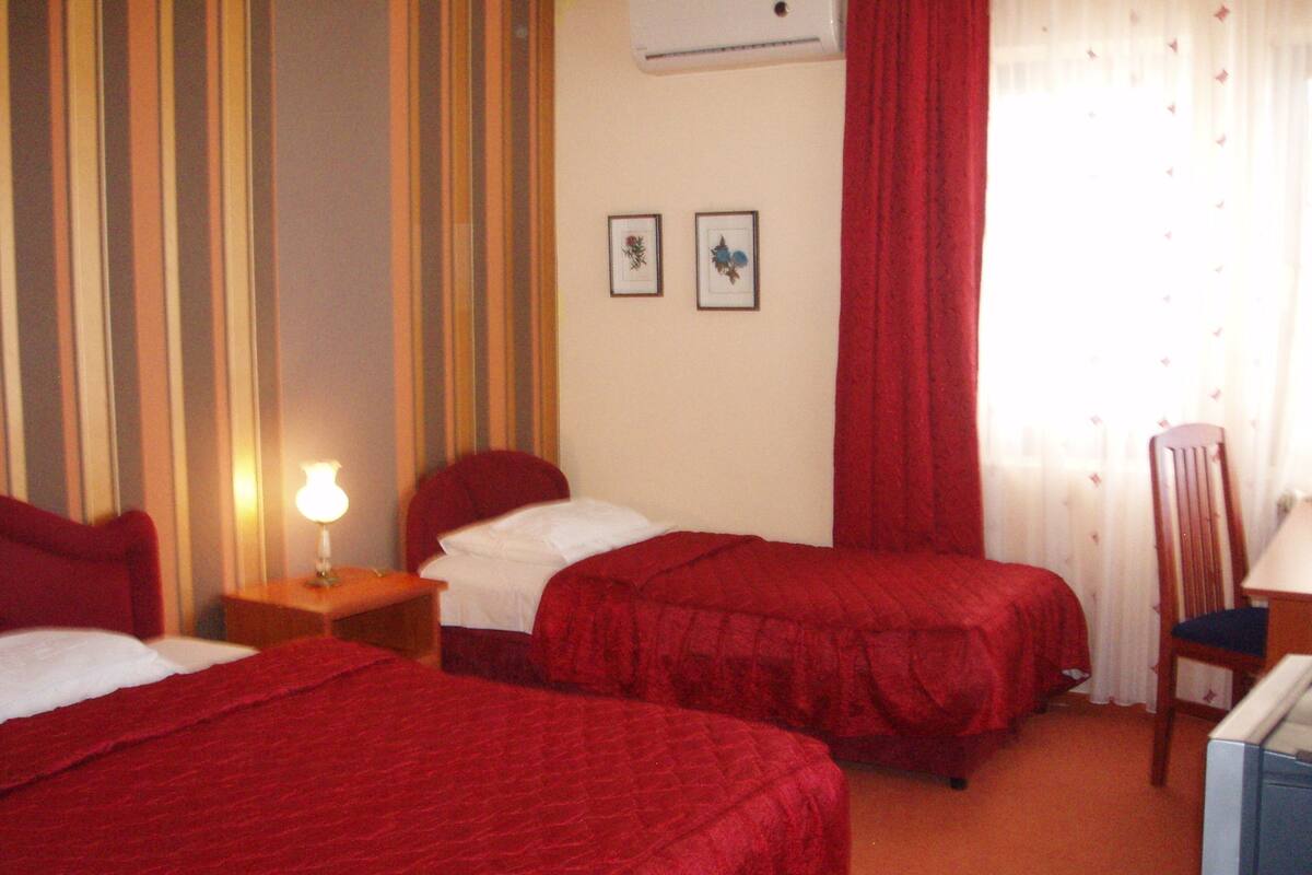 Habitación de hotel con dos camas individuales, un escritorio, una silla y una lámpara.