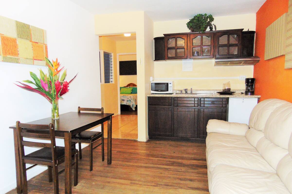 A compact living space with a dining area, kitchenette, and a sofa.