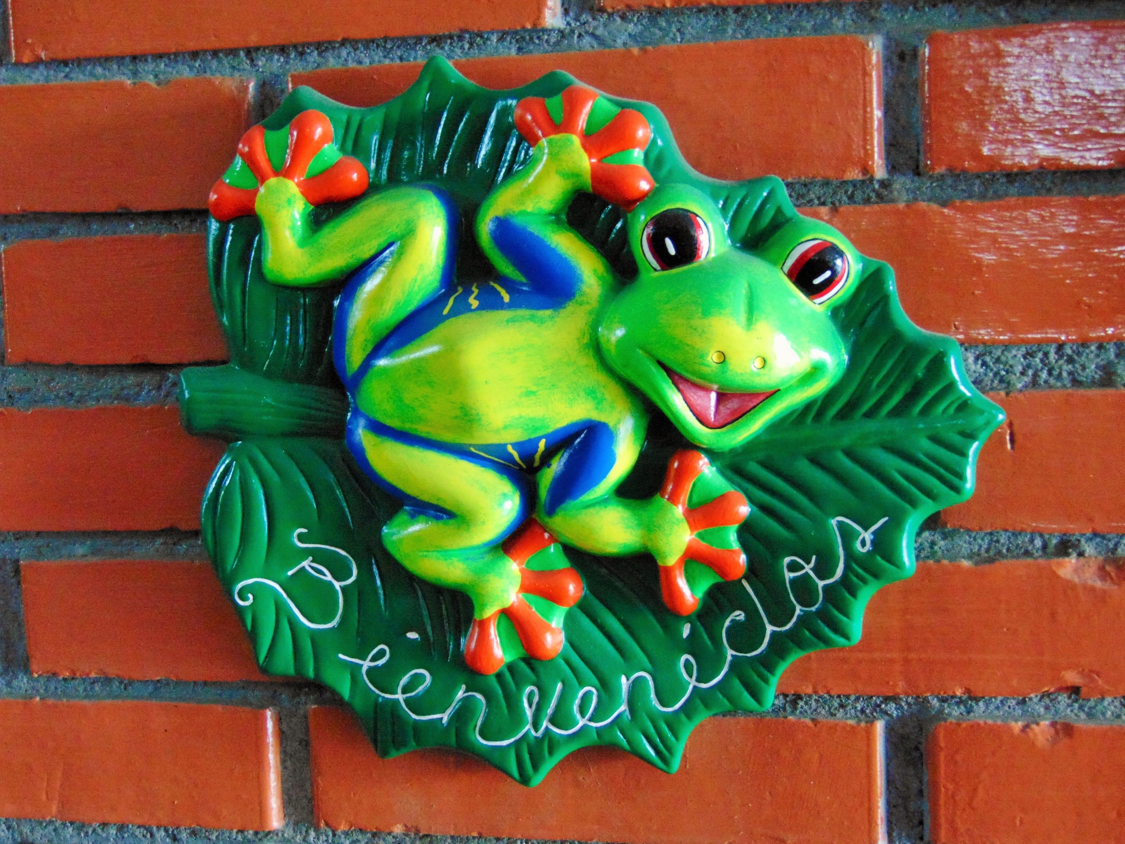 A frog-shaped decoration with the name "Bierich" on a brick wall.