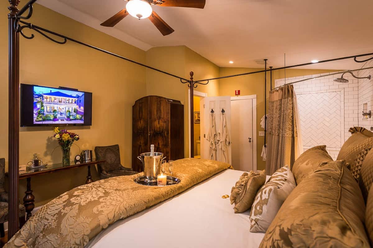 A hotel room with a bed, a television, a wooden cabinet, and a shower area.