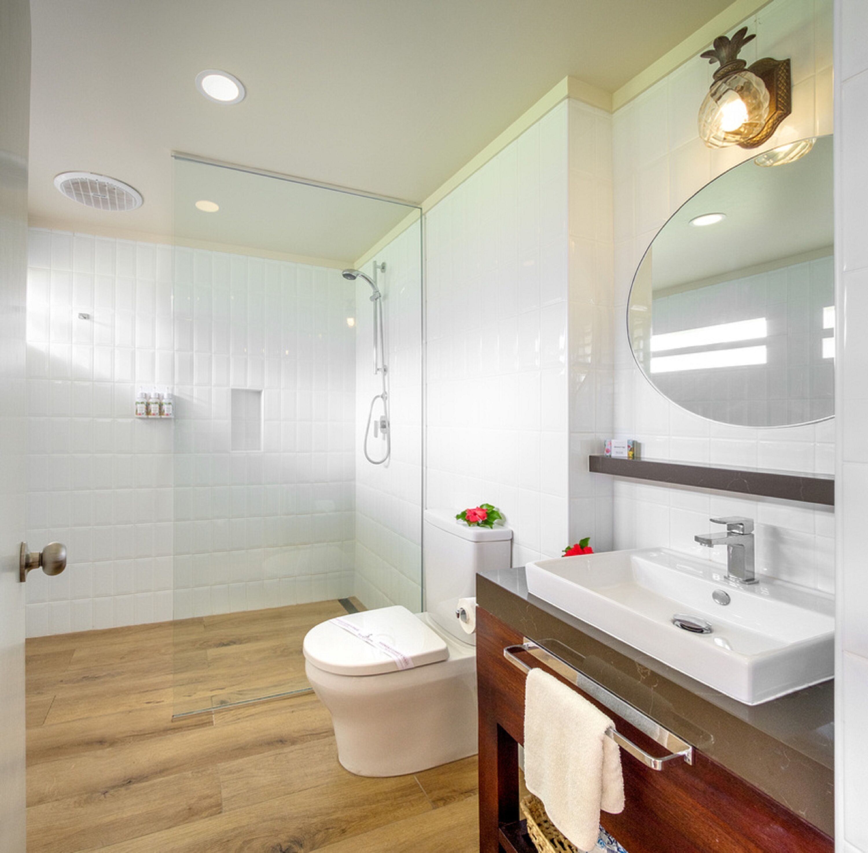 shower, eco-friendly toiletries, hair dryer, towels