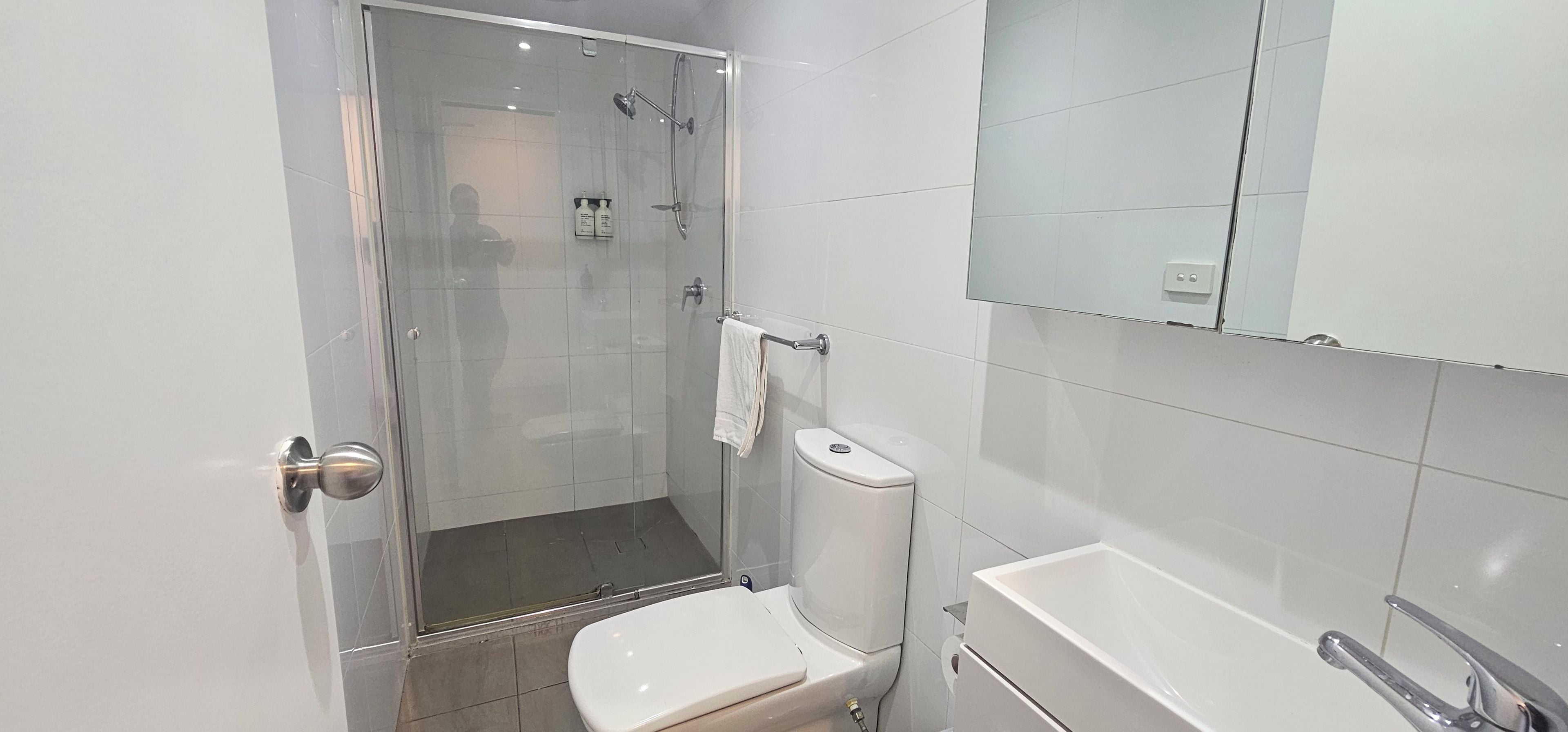 A bathroom with a glass-enclosed shower, a toilet, and a sink.