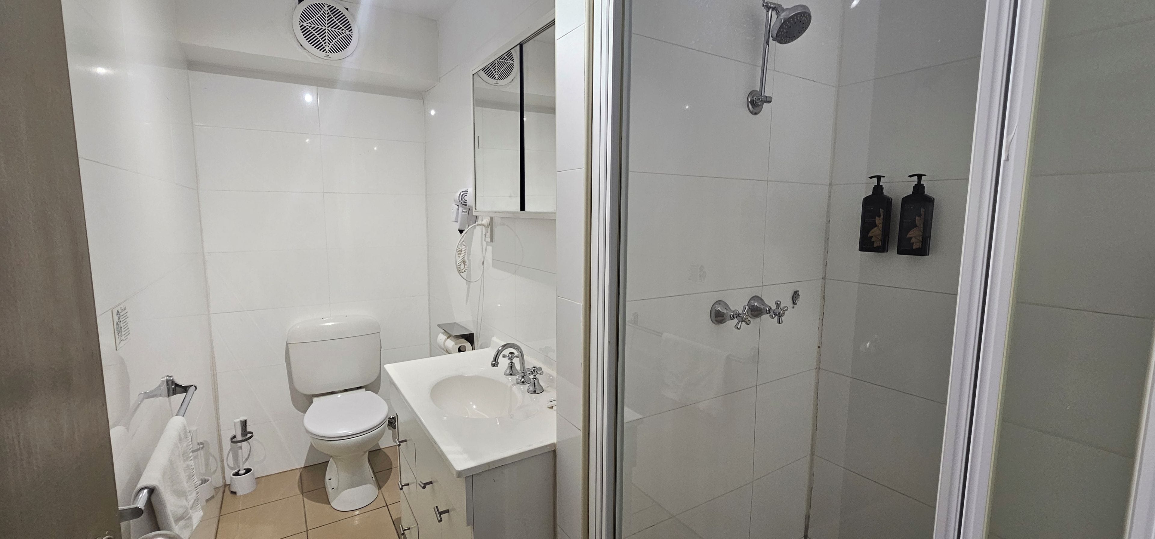 Un baño moderno con inodoro, lavabo y ducha.
