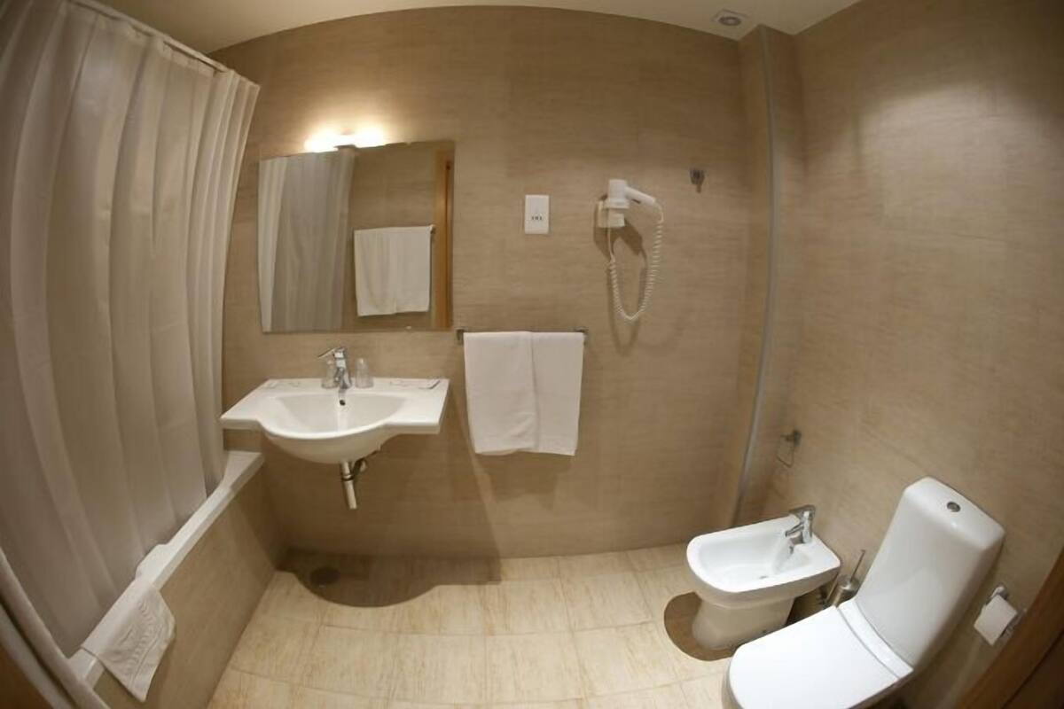 A bathroom with a sink, mirror, towel rack, toilet, and shower curtain.