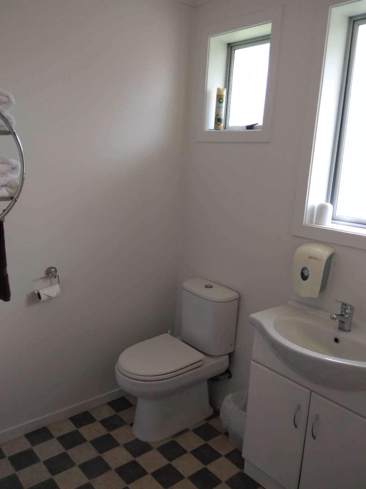 A small bathroom with a toilet, sink, and a mirror.