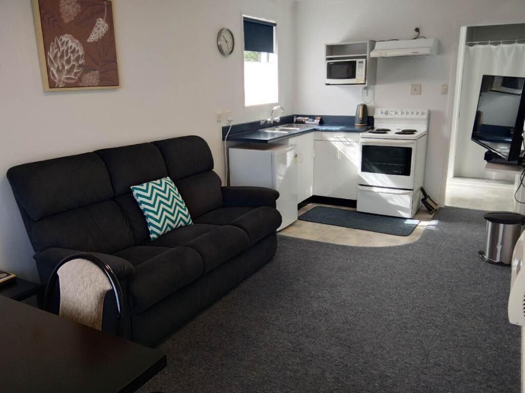 A compact living space with a sofa, a kitchenette, and a television.