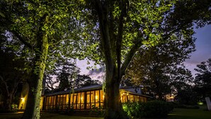 A building with large windows and a well-lit interior, surrounded by trees.