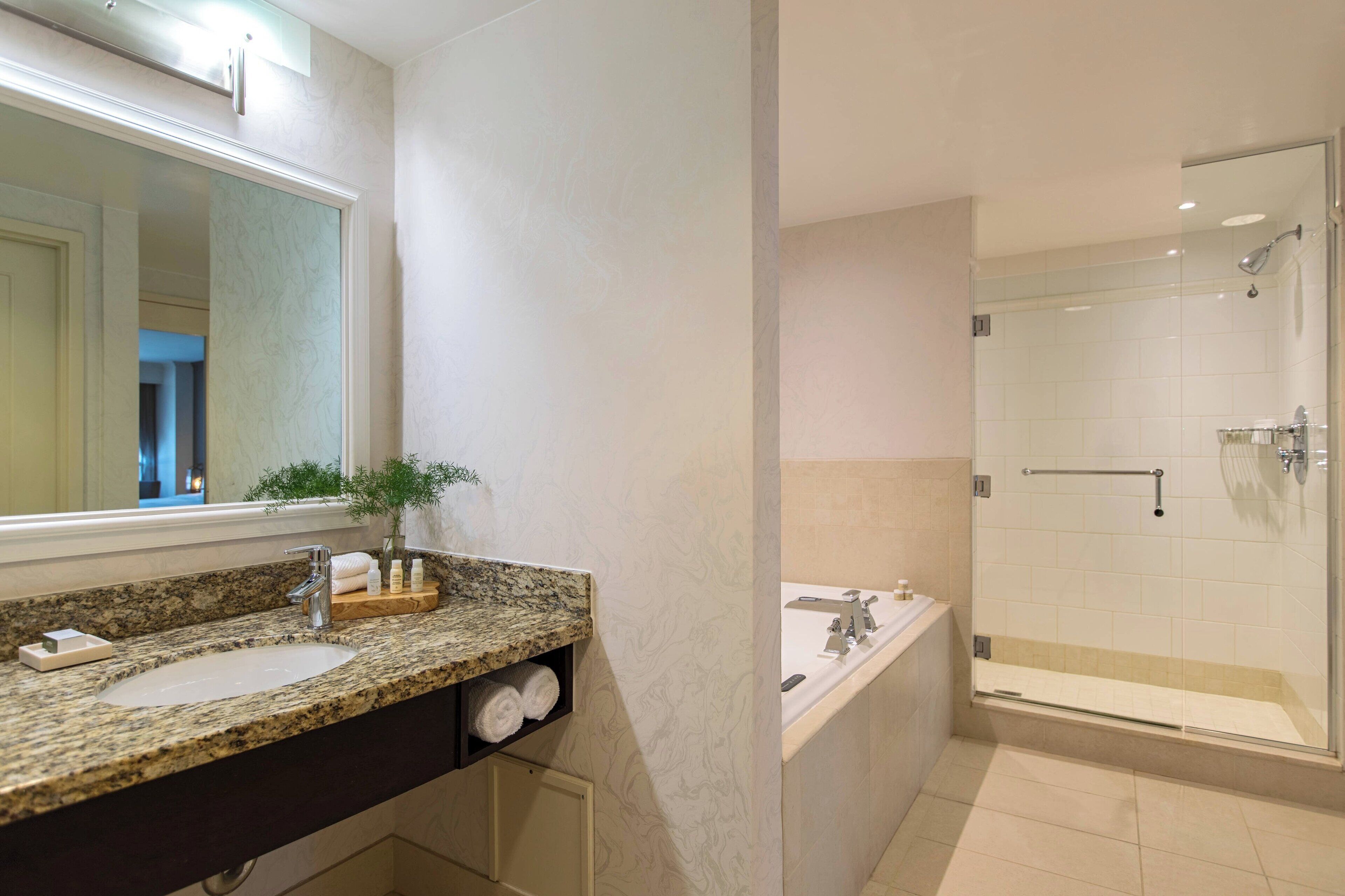 designer toiletries, hair dryer, towels