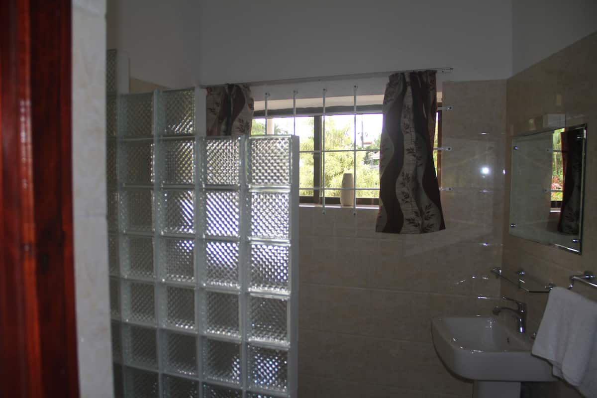 standard double room, garden view | bathroom | shower, free toiletries, hair dryer, towels