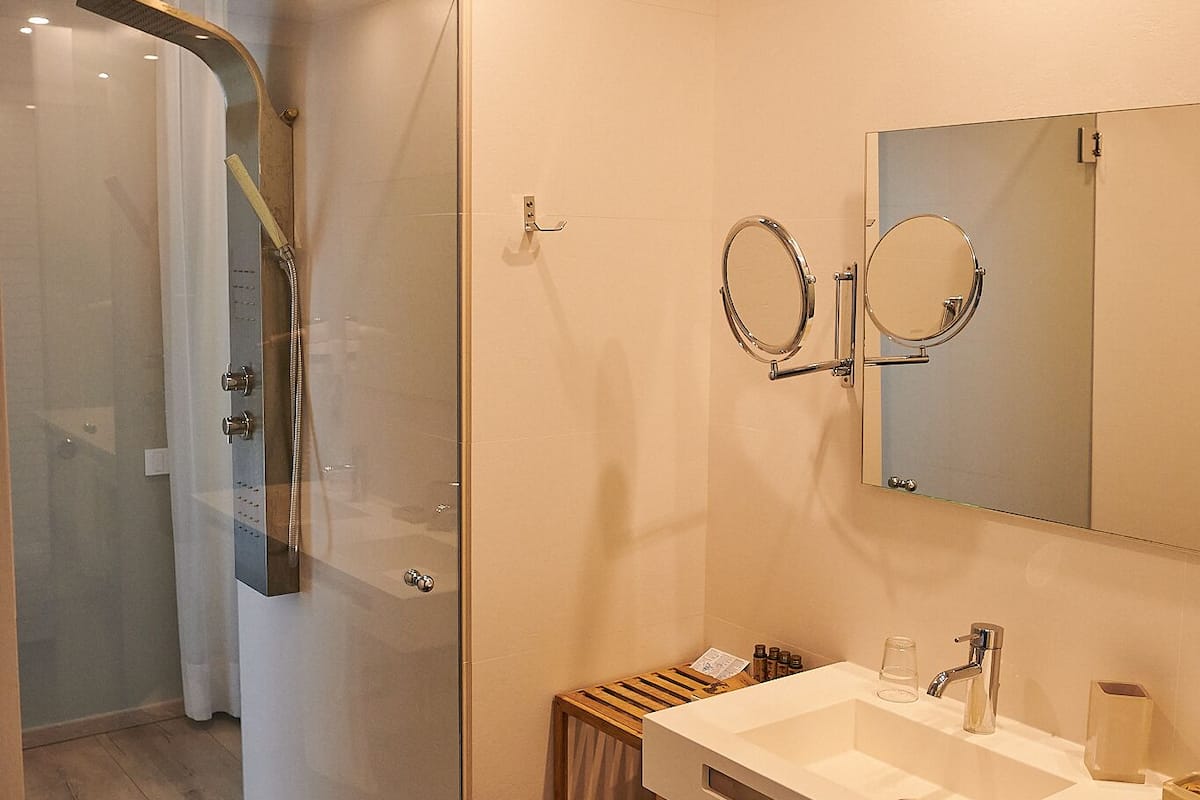 shower, free toiletries, hair dryer, towels