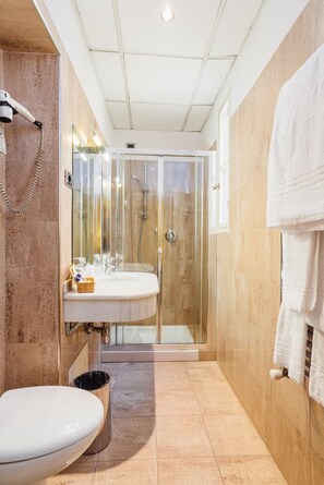 Shower, hair dryer, bidet, towels