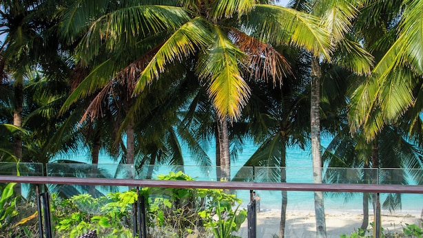 Una terraza de madera con dos sillas de mimbre y una mesa de vidrio, con vista a una playa con palmeras.