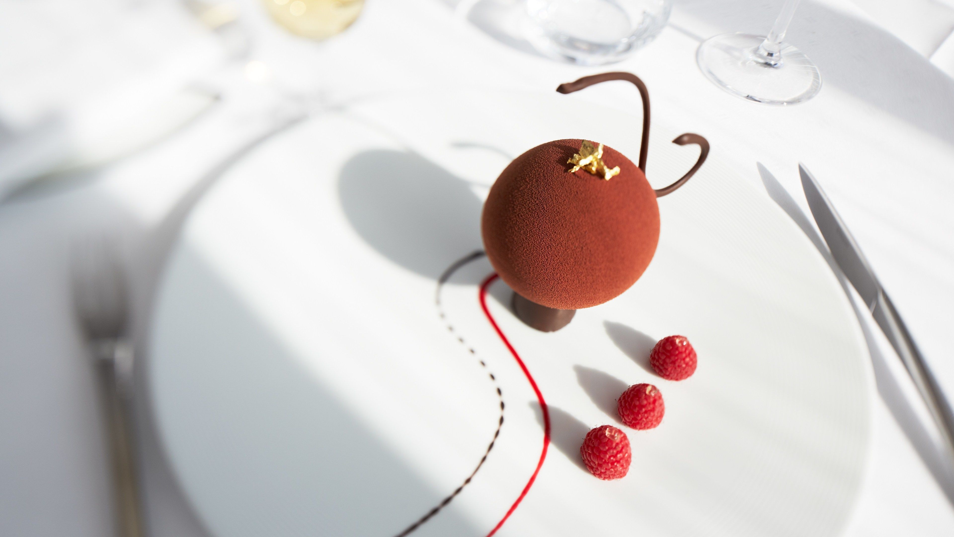 Un postre con una esfera de chocolate y frambuesas sobre un plato blanco.