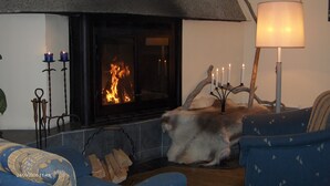 Un salon chaleureux avec une cheminée, un canapé, une lampe et une tête de cerf décorative accrochée au mur.