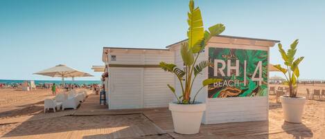 A beachside building with a sign reading "RHIA BEACH".
