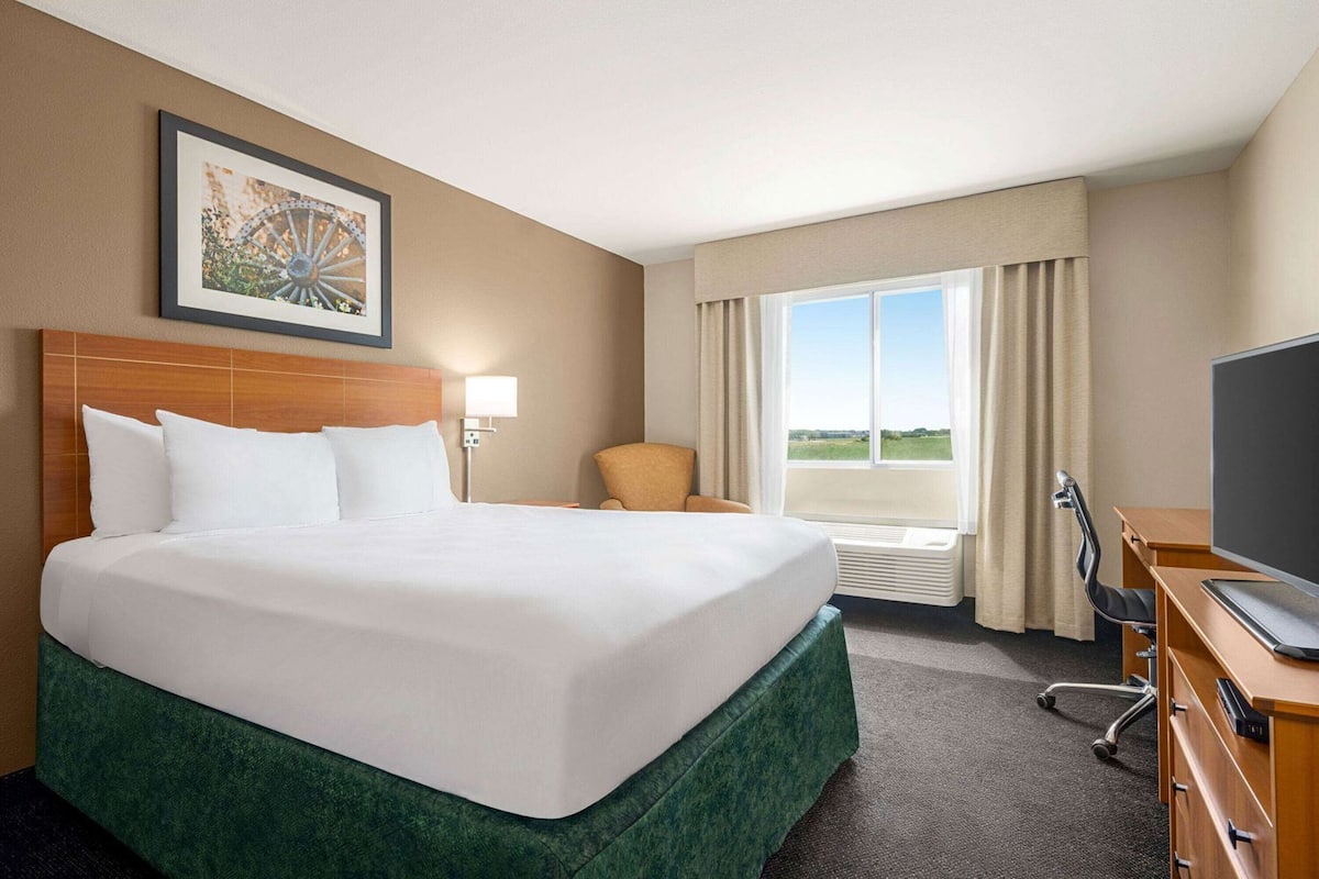 A hotel room with a large bed, a desk with a TV, a chair, a window with a view, and a painting on the wall.
