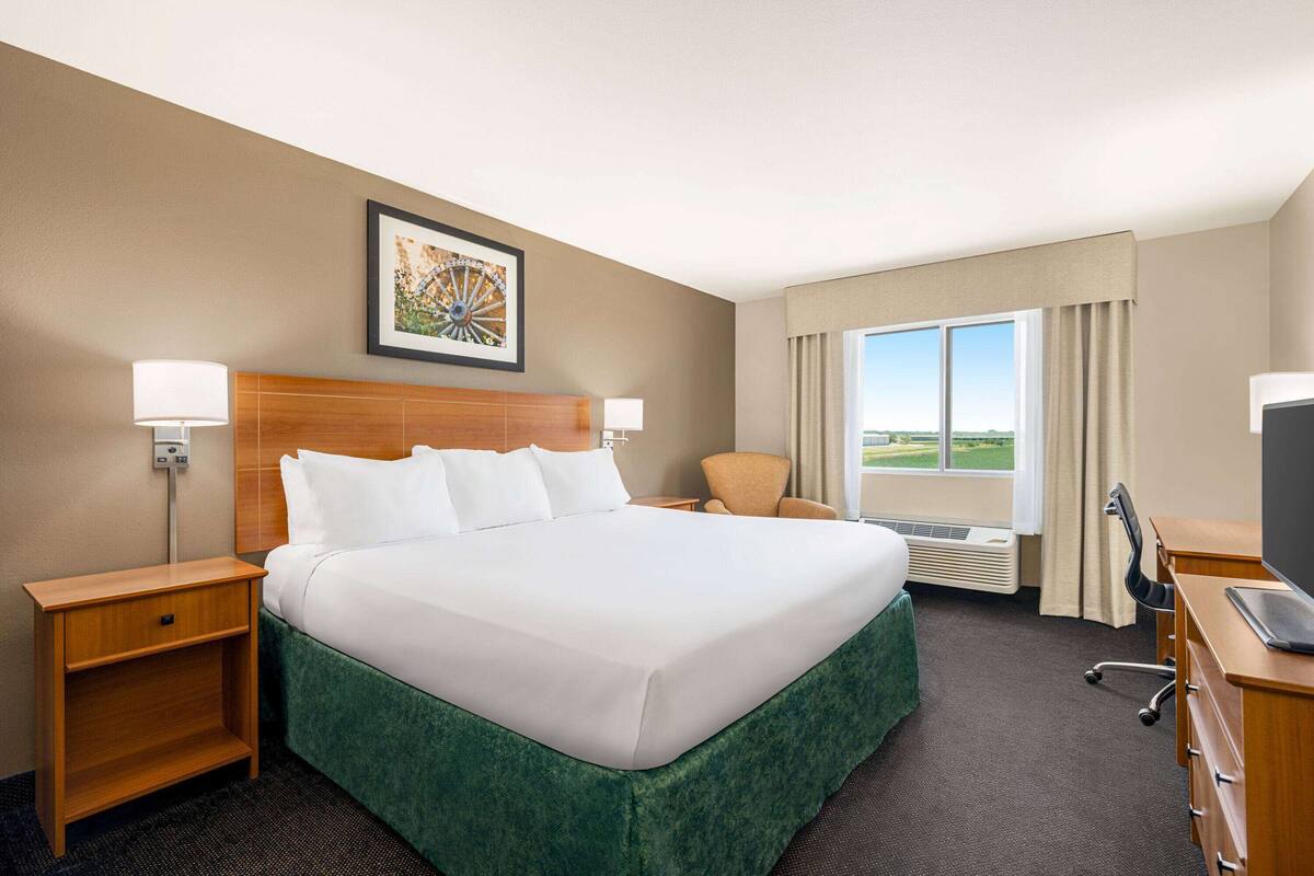 A hotel room with a large bed, two bedside tables, a desk with a chair, a television, and a window with a view.