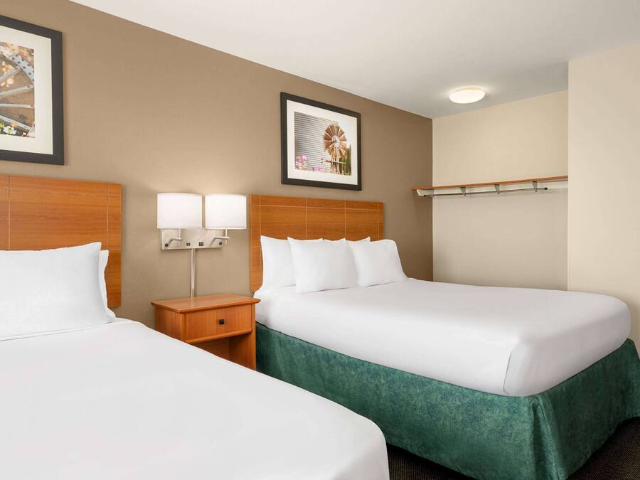 A hotel room with two beds, a nightstand with lamps, and framed pictures on the wall.