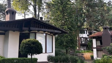 Ein Wohnhaus mit gepflegtem Rasen, einem Kiesweg und verschiedenen Bäumen und Sträuchern.