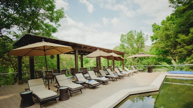 A poolside area with lounge chairs and umbrellas, surrounded by lush greenery. - Loto Azul Resort and Spa (Valle de Bravo)